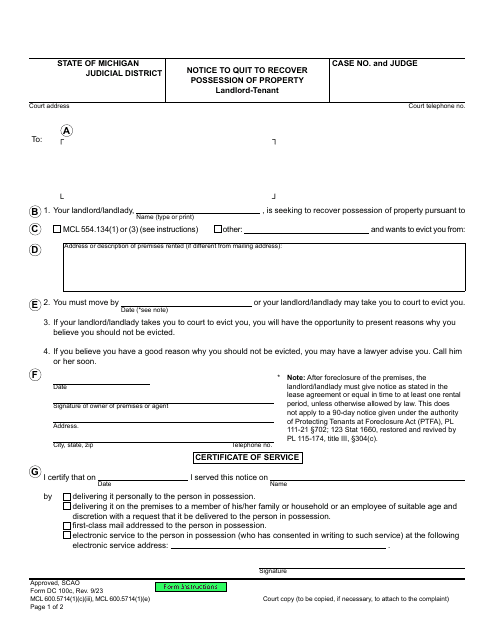 Form DC100C Notice to Quit to Recover Possession of Property - Landlord-Tenant - Michigan