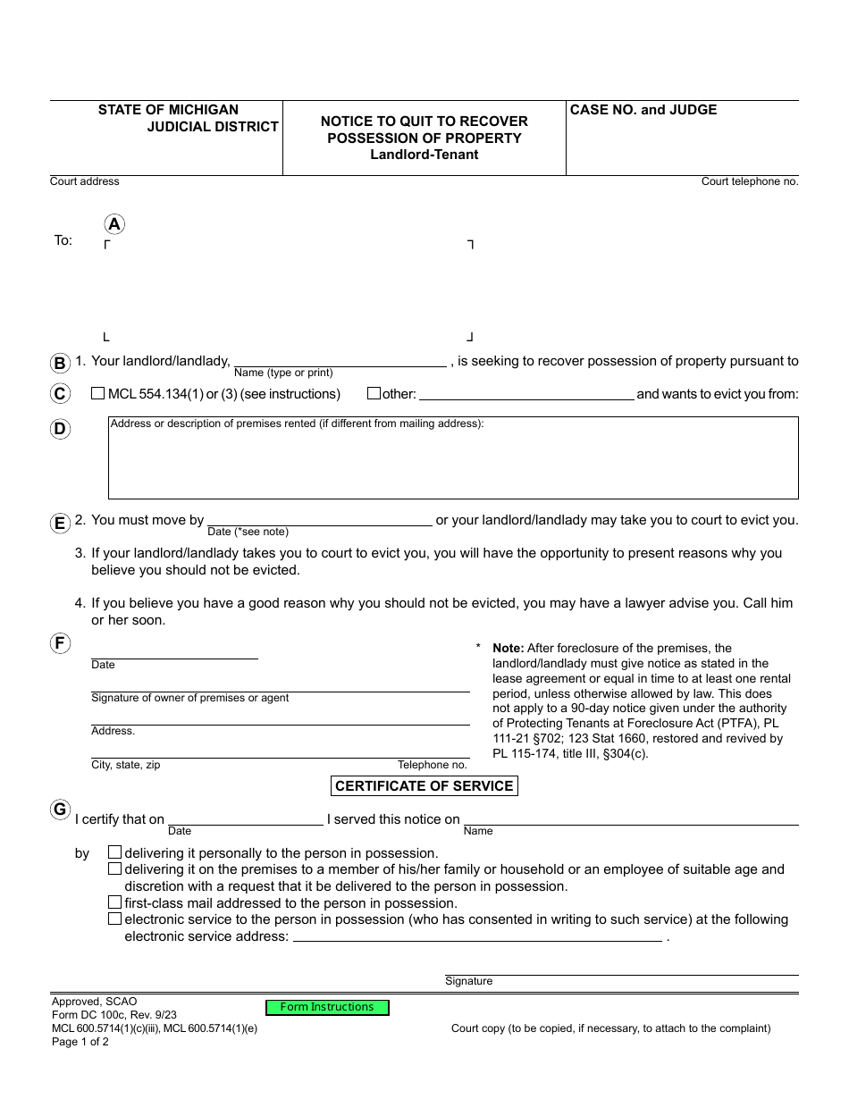 Form DC100C Notice to Quit to Recover Possession of Property - Landlord-Tenant - Michigan, Page 1