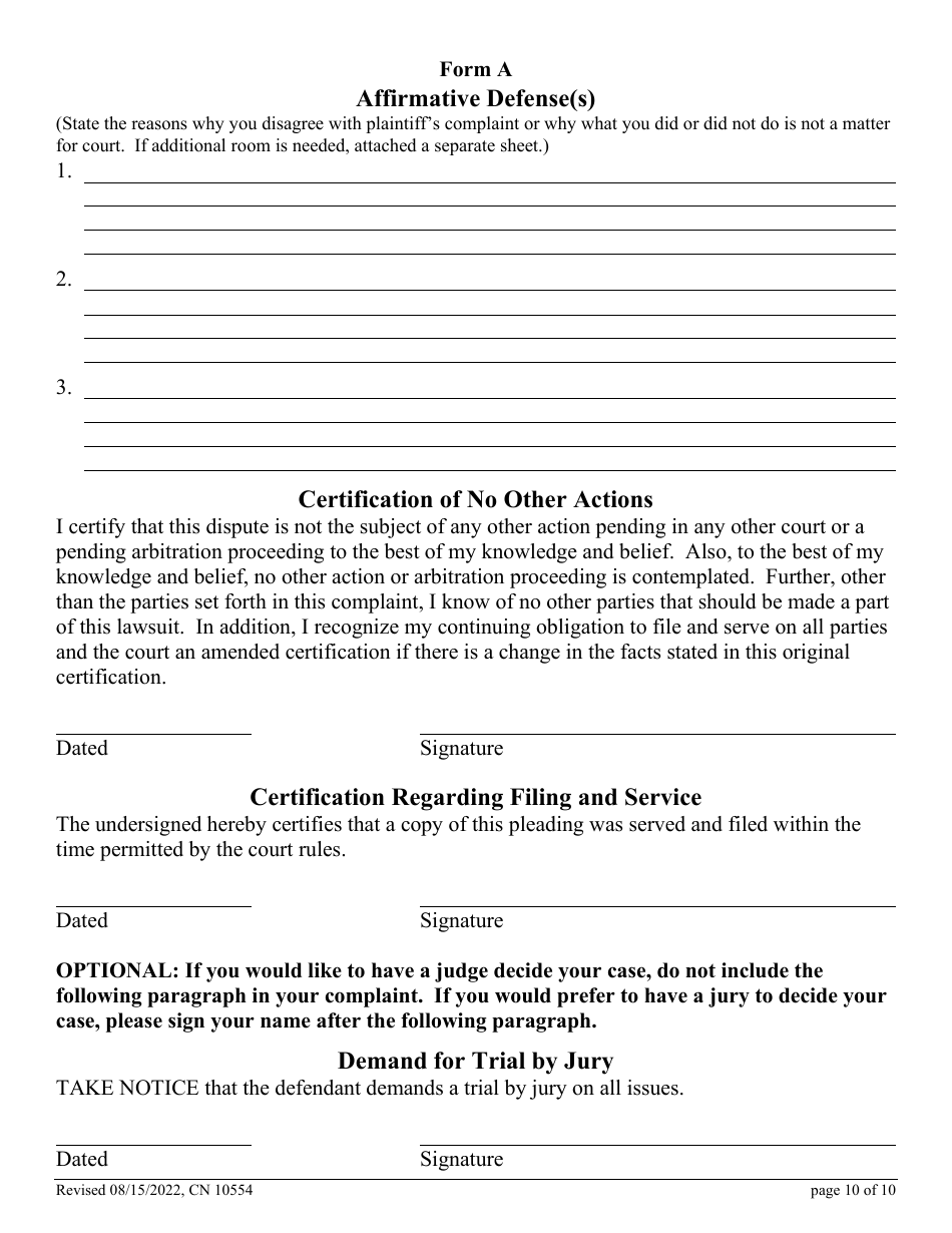 Form 10554 (A) Civil Action Answer - New Jersey, Page 10