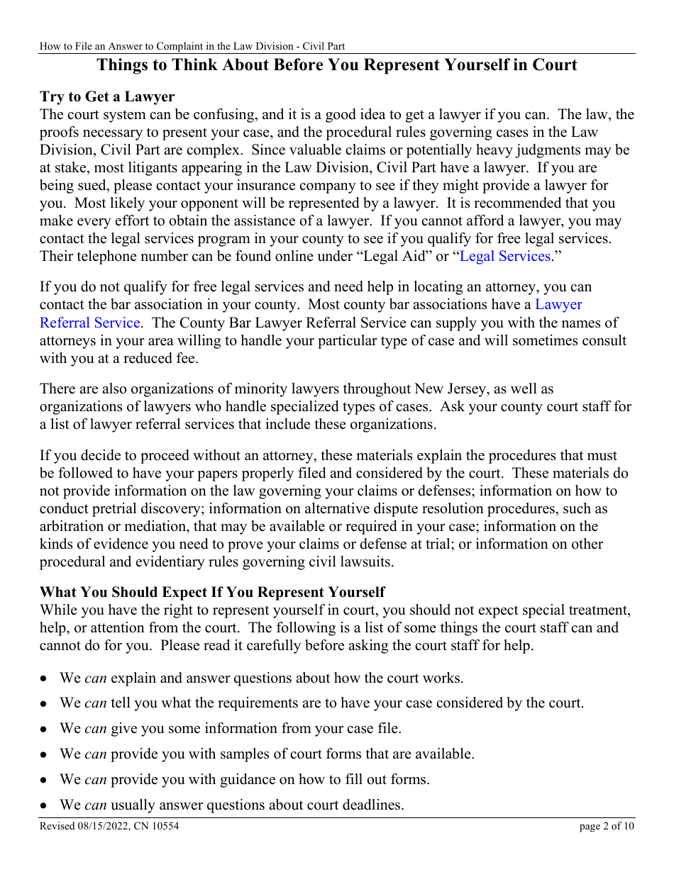 Form 10554 (A) Civil Action Answer - New Jersey, Page 2