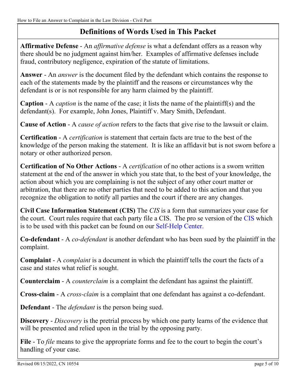 Form 10554 (A) Civil Action Answer - New Jersey, Page 5