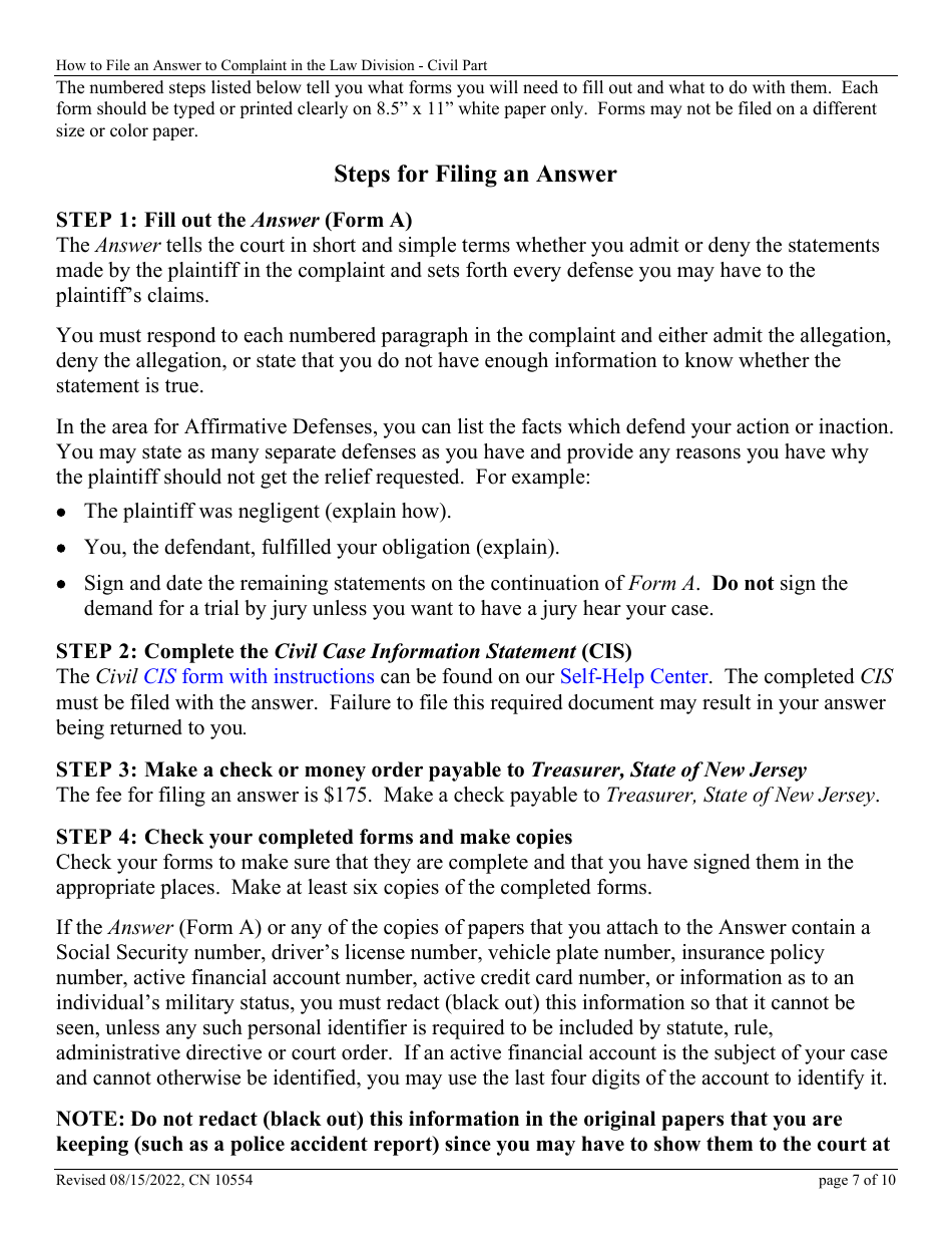 Form 10554 (A) Civil Action Answer - New Jersey, Page 7