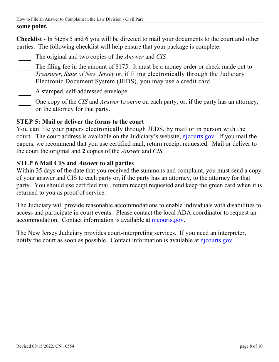 Form 10554 (A) Civil Action Answer - New Jersey, Page 8