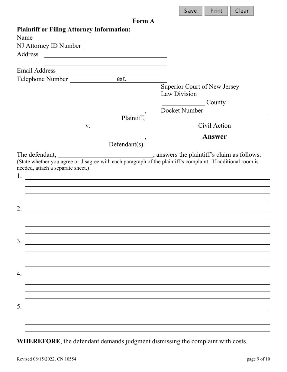 Form 10554 (A) Civil Action Answer - New Jersey, Page 9