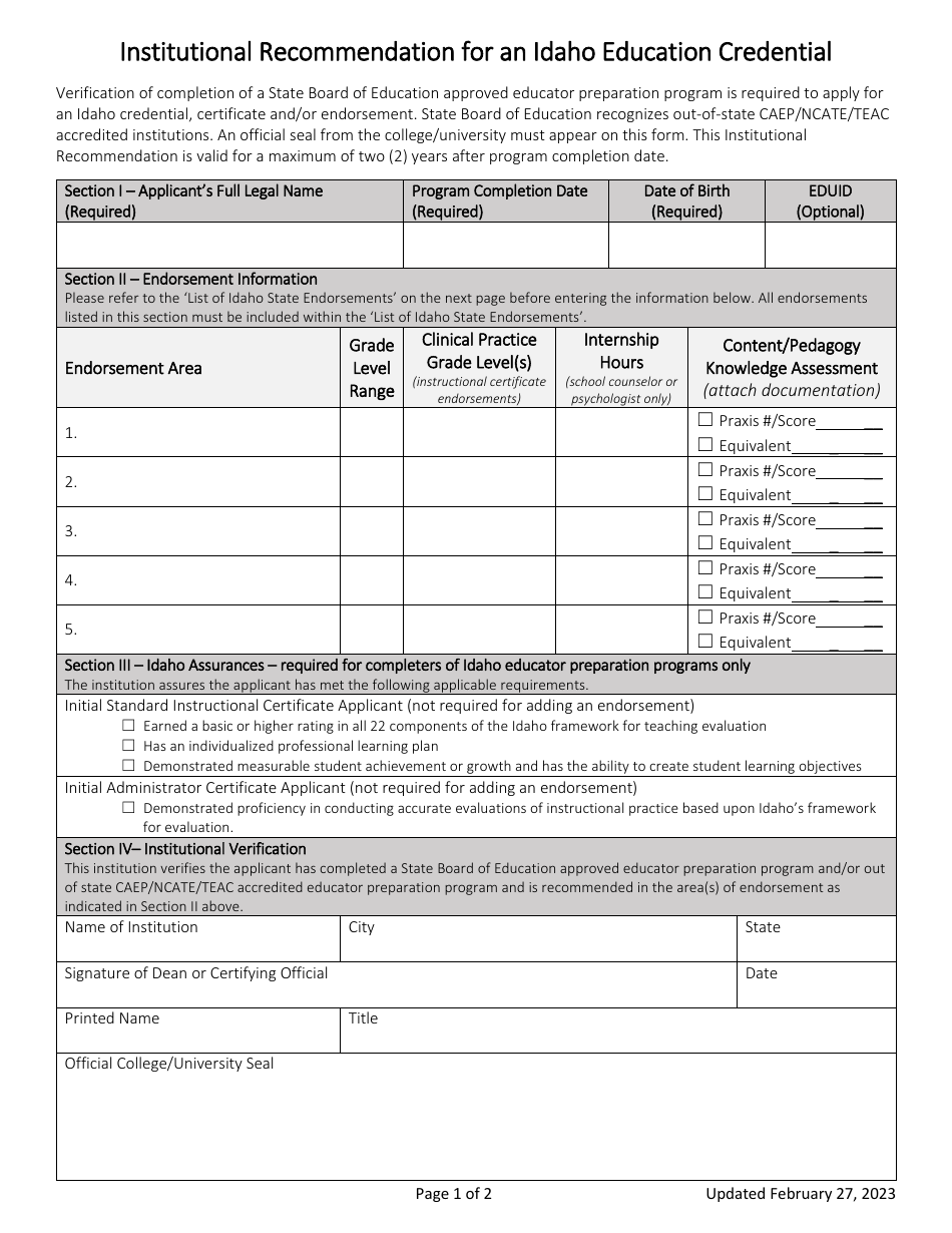 Institutional Recommendation for an Idaho Education Credential - Idaho, Page 1