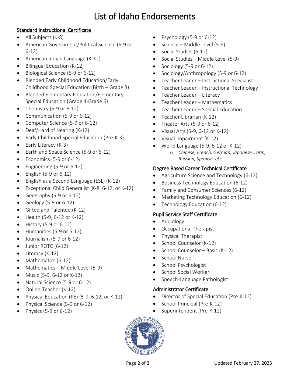 Institutional Recommendation for an Idaho Education Credential - Idaho, Page 2