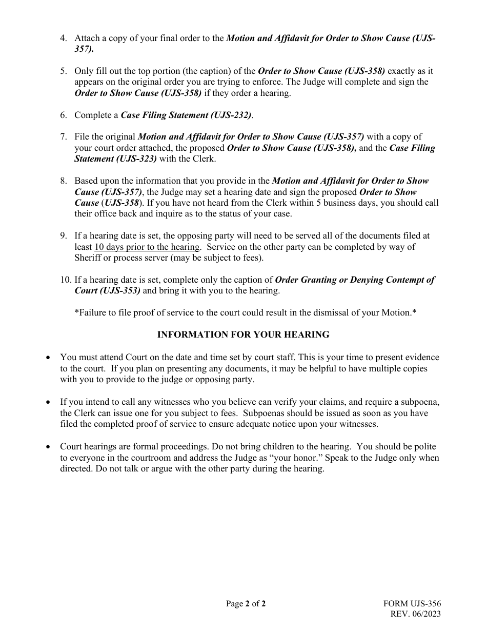 Form UJS-356 Instructions for Order to Show Cause Forms - South Dakota, Page 2