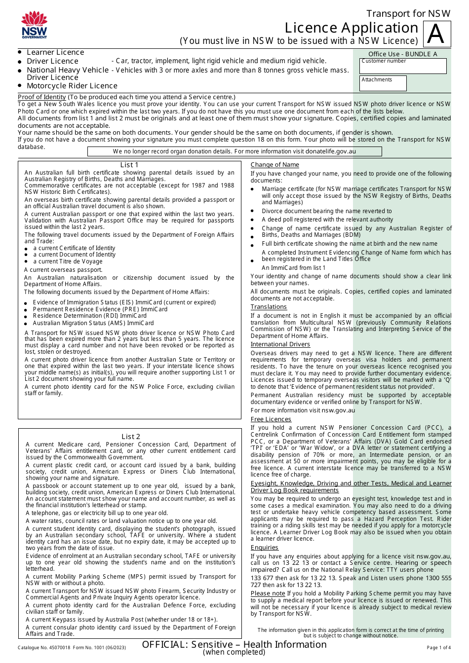 Form 1001 Transport for Nsw Licence Application - New South Wales, Australia, Page 1