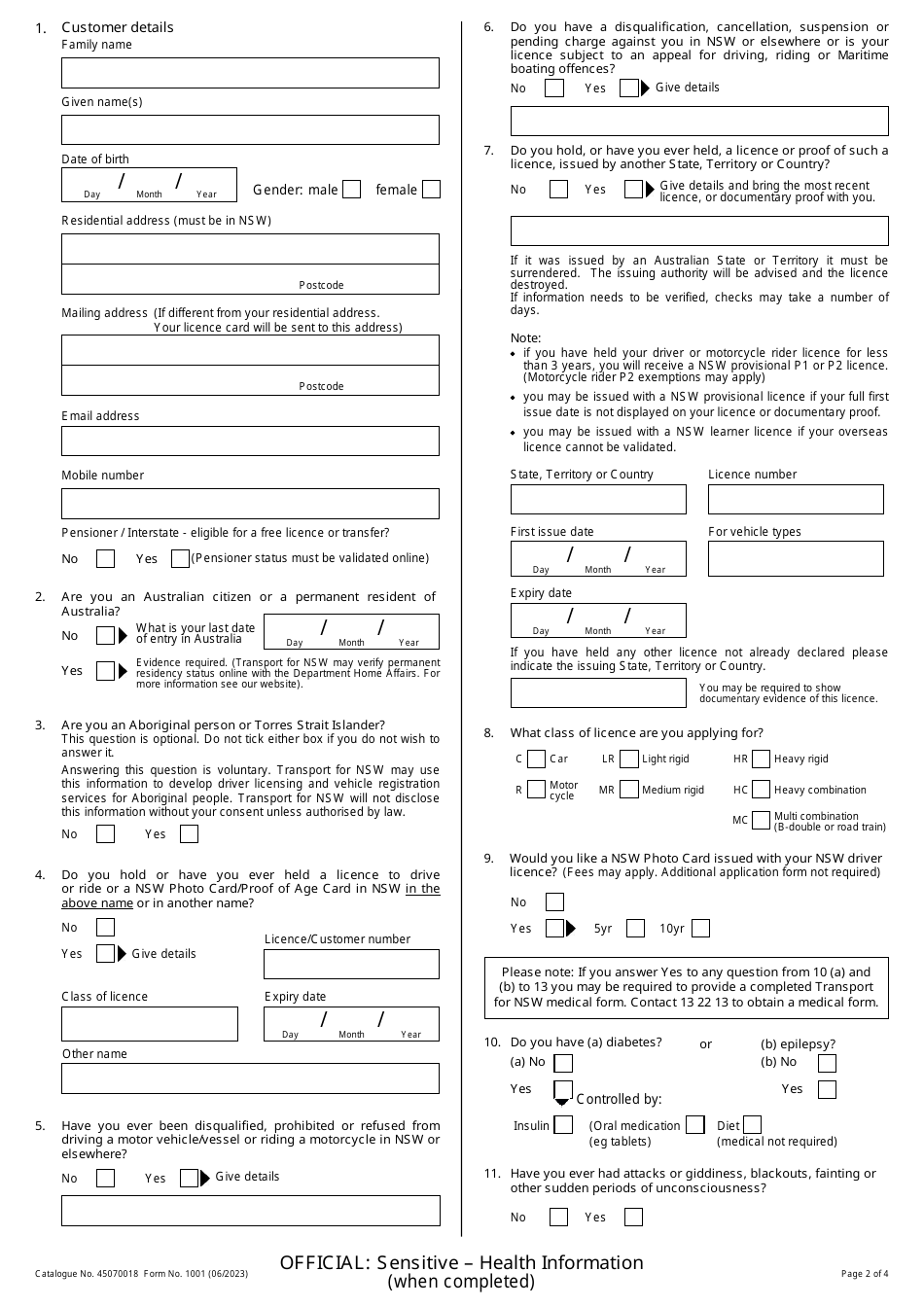 Form 1001 Transport for Nsw Licence Application - New South Wales, Australia, Page 2
