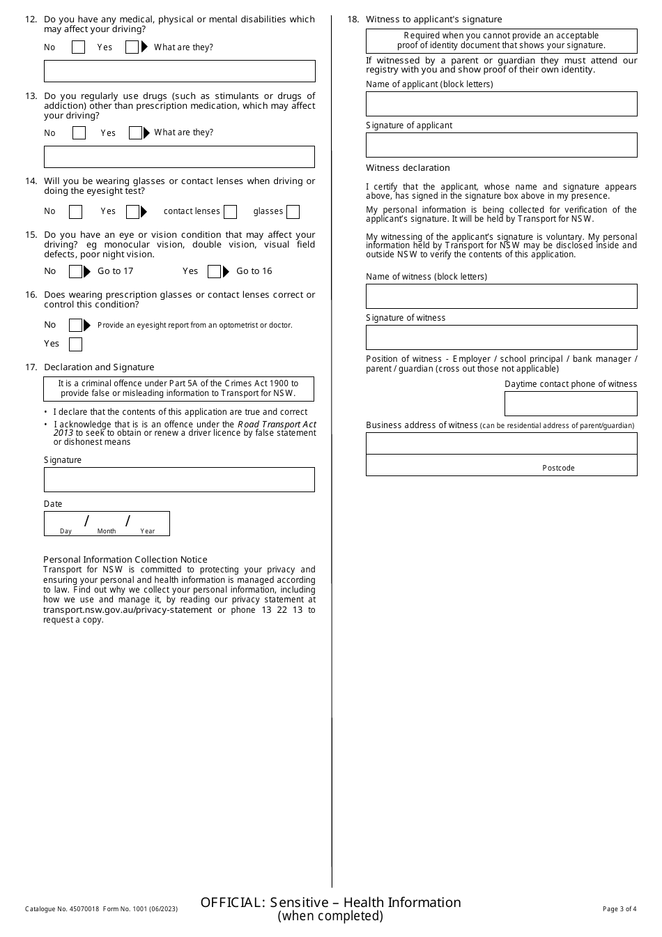 Form 1001 Transport for Nsw Licence Application - New South Wales, Australia, Page 3