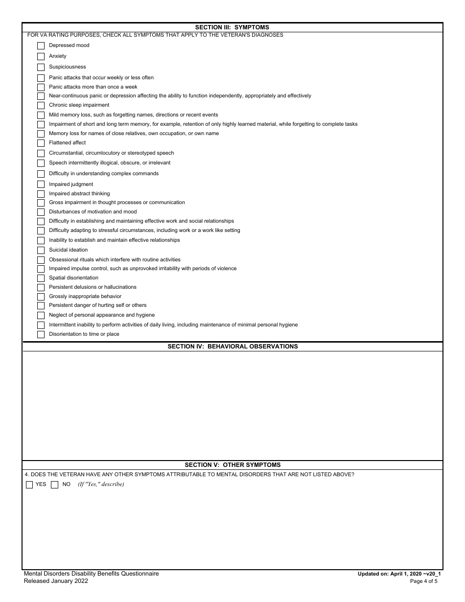 Mental Disorders (Other Than PTSD and Eating Disorders) Disability Benefits Questionnaire, Page 4