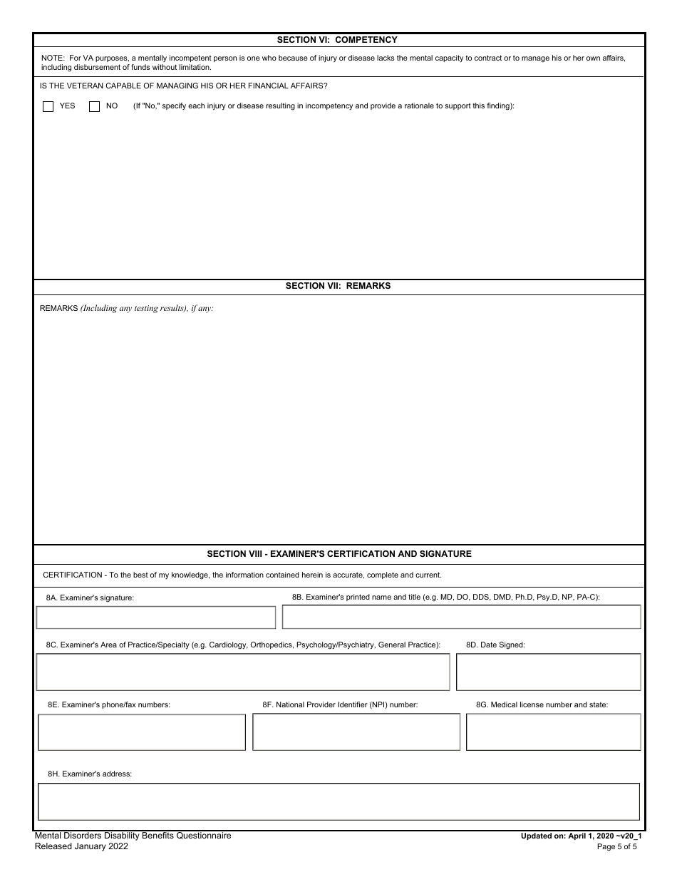 Mental Disorders (Other Than PTSD and Eating Disorders) Disability Benefits Questionnaire, Page 5