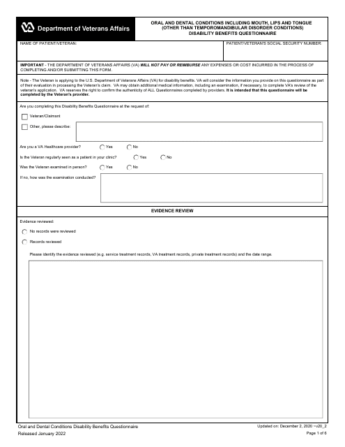 Oral and Dental Conditions Including Mouth, Lips and Tongue (Other Than Temporomandibular Disorder Conditions) Disability Benefits Questionnaire Download Pdf