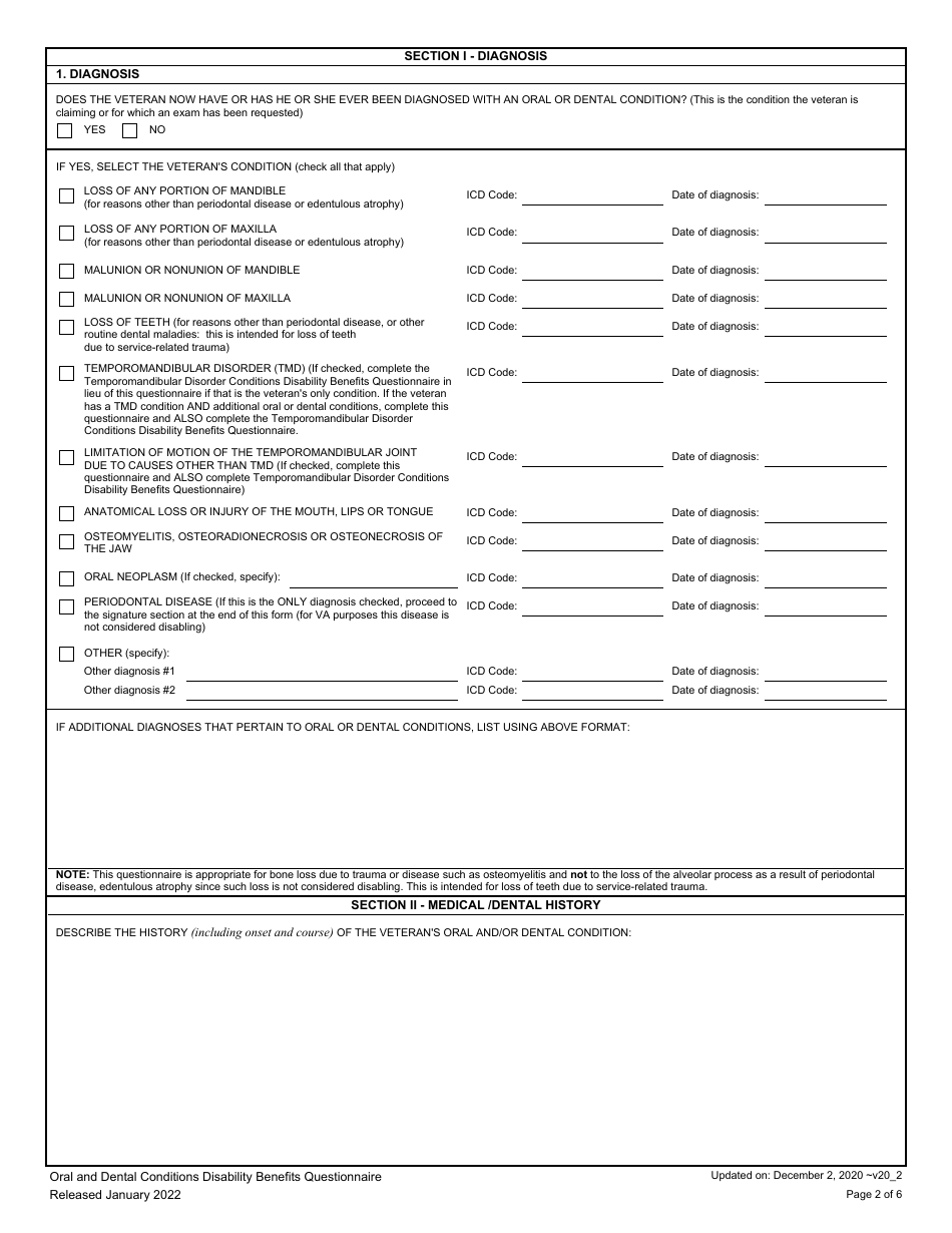 Oral and Dental Conditions Including Mouth, Lips and Tongue (Other Than Temporomandibular Disorder Conditions) Disability Benefits Questionnaire, Page 2