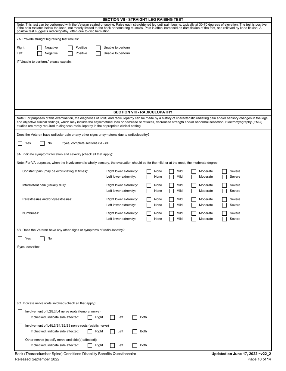 Back (Thoracolumbar Spine) Conditions Disability Benefits Questionnaire
