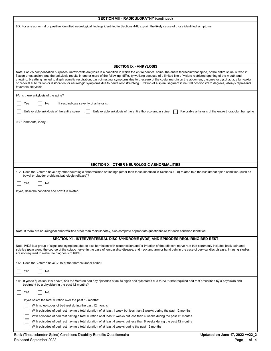Back (Thoracolumbar Spine) Conditions Disability Benefits Questionnaire