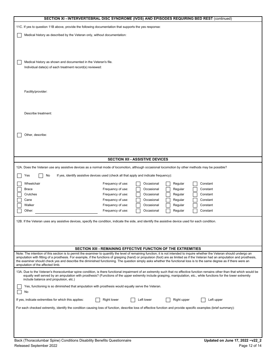 Back (Thoracolumbar Spine) Conditions Disability Benefits Questionnaire, Page 12