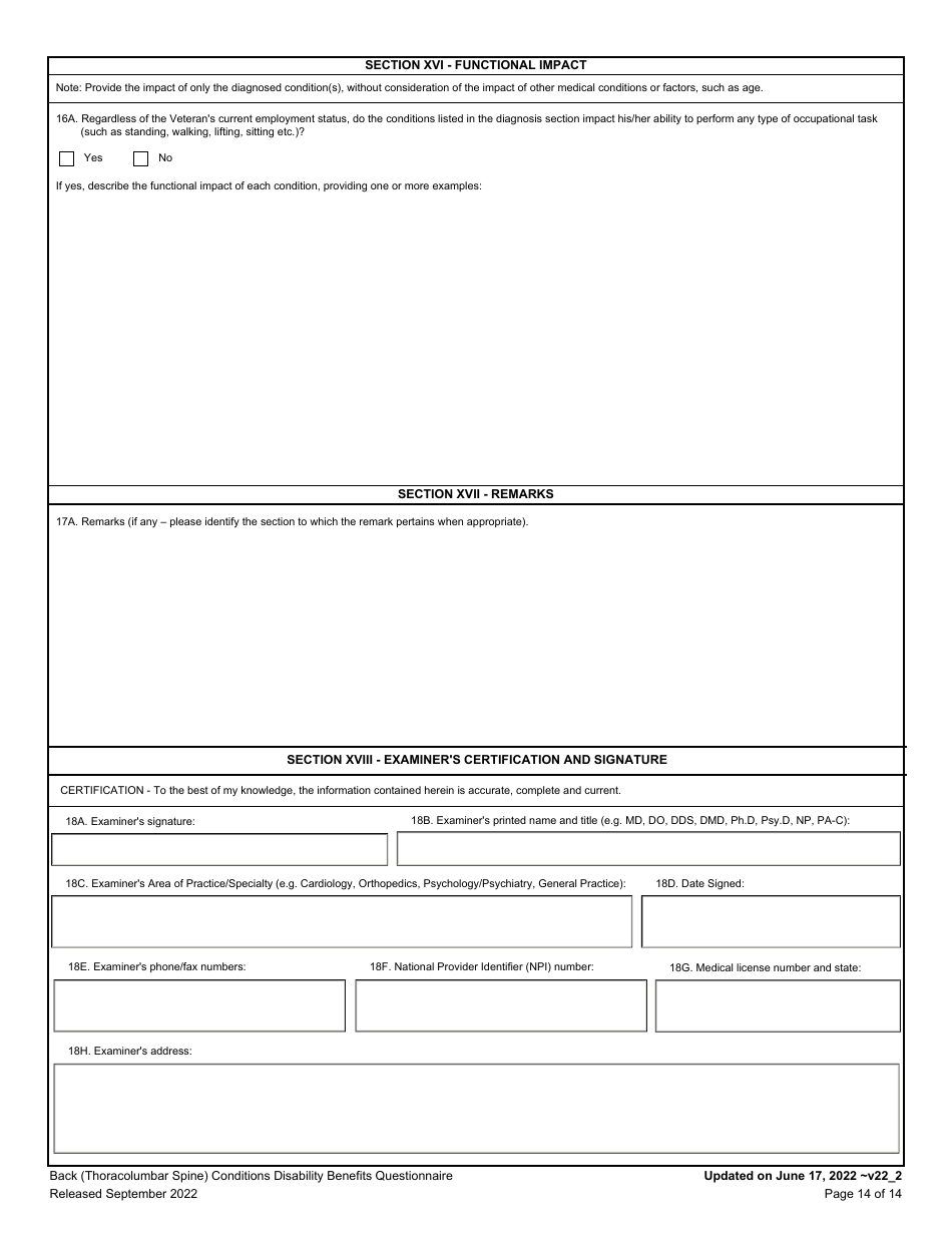 Back (Thoracolumbar Spine) Conditions Disability Benefits Questionnaire