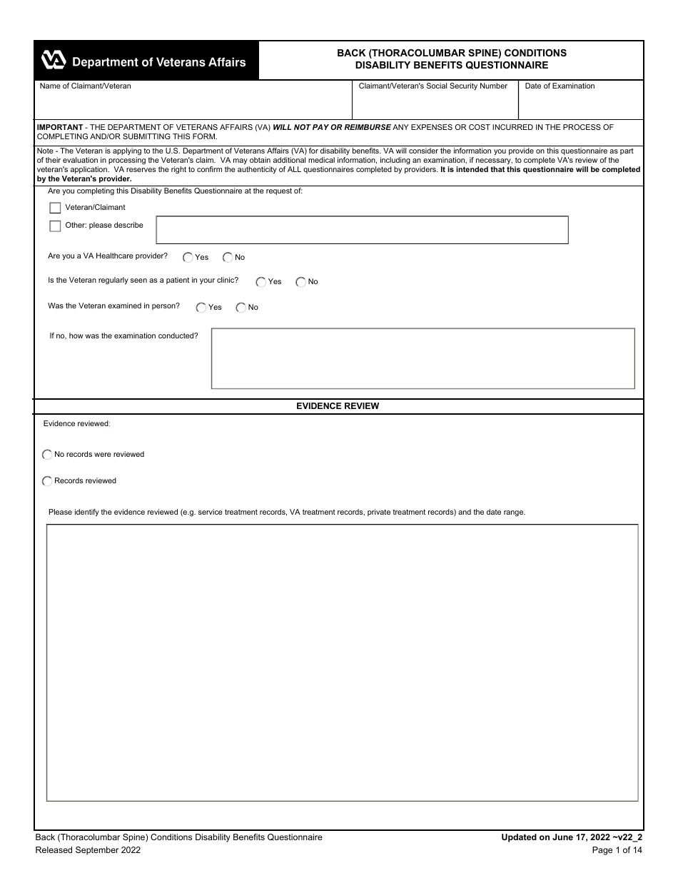 Back (Thoracolumbar Spine) Conditions Disability Benefits Questionnaire, Page 1