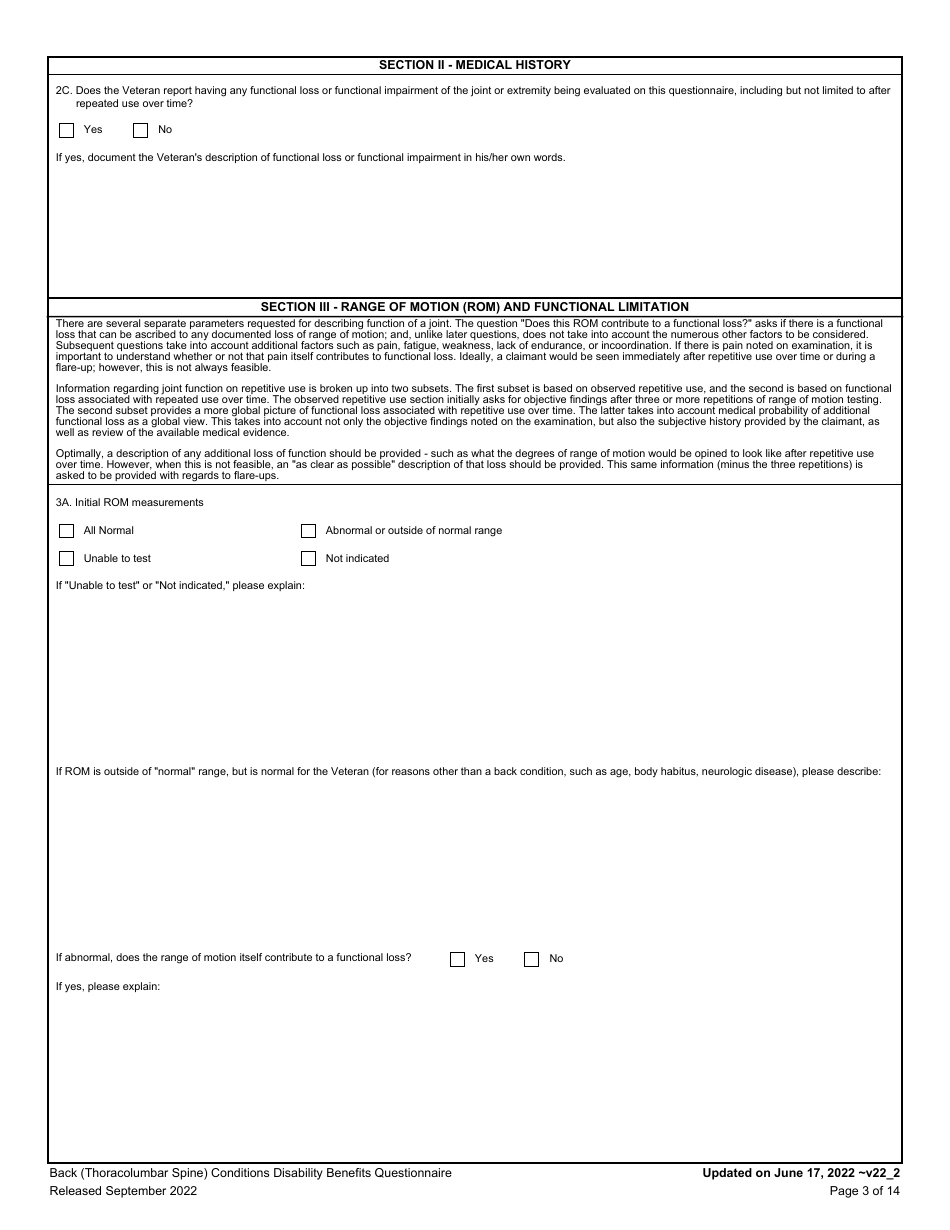 Back (Thoracolumbar Spine) Conditions Disability Benefits Questionnaire, Page 3