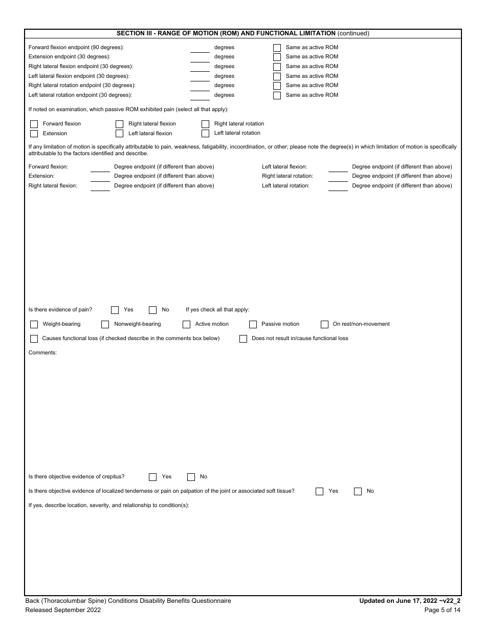 Back (Thoracolumbar Spine) Conditions Disability Benefits Questionnaire, Page 5