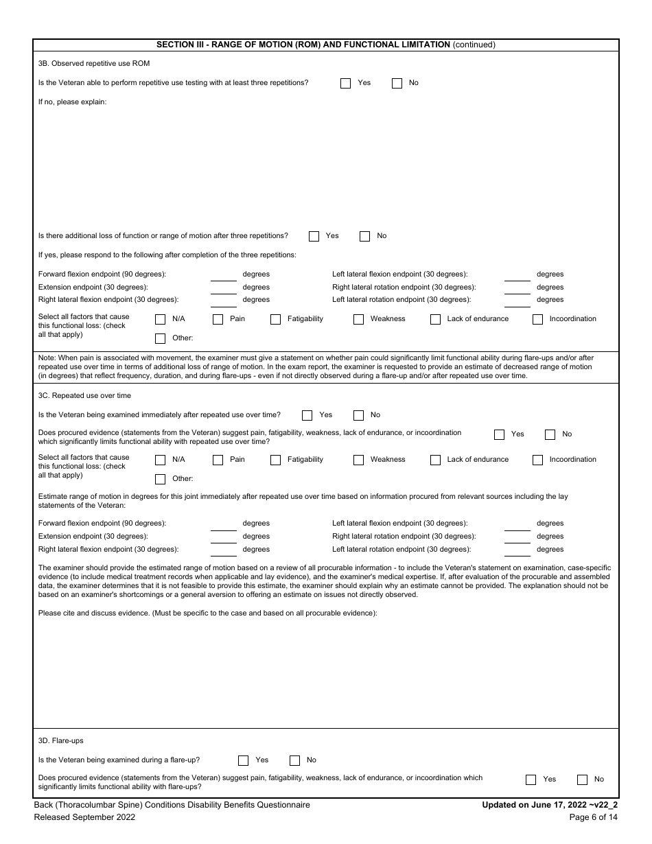 Back (Thoracolumbar Spine) Conditions Disability Benefits Questionnaire, Page 6