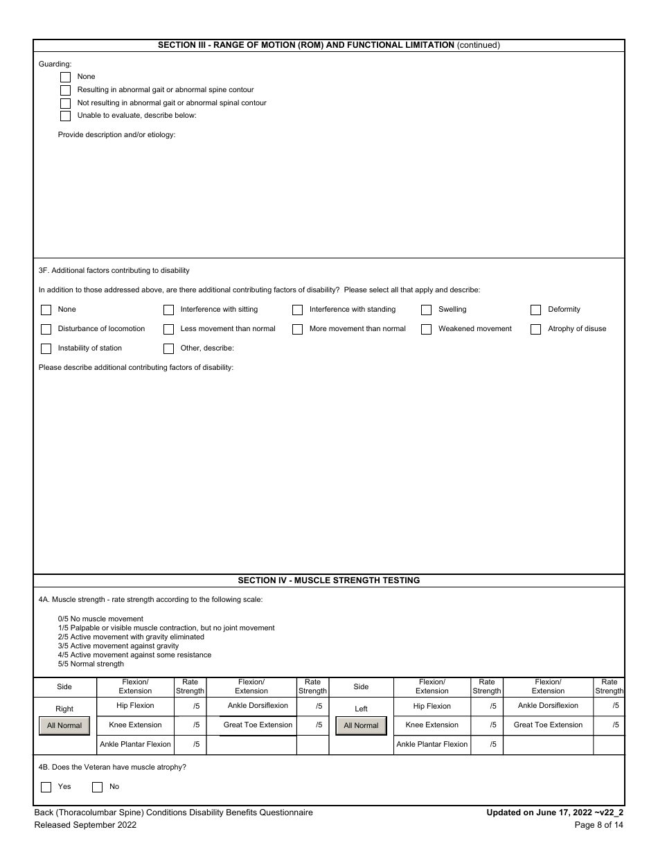 Back (Thoracolumbar Spine) Conditions Disability Benefits Questionnaire, Page 8