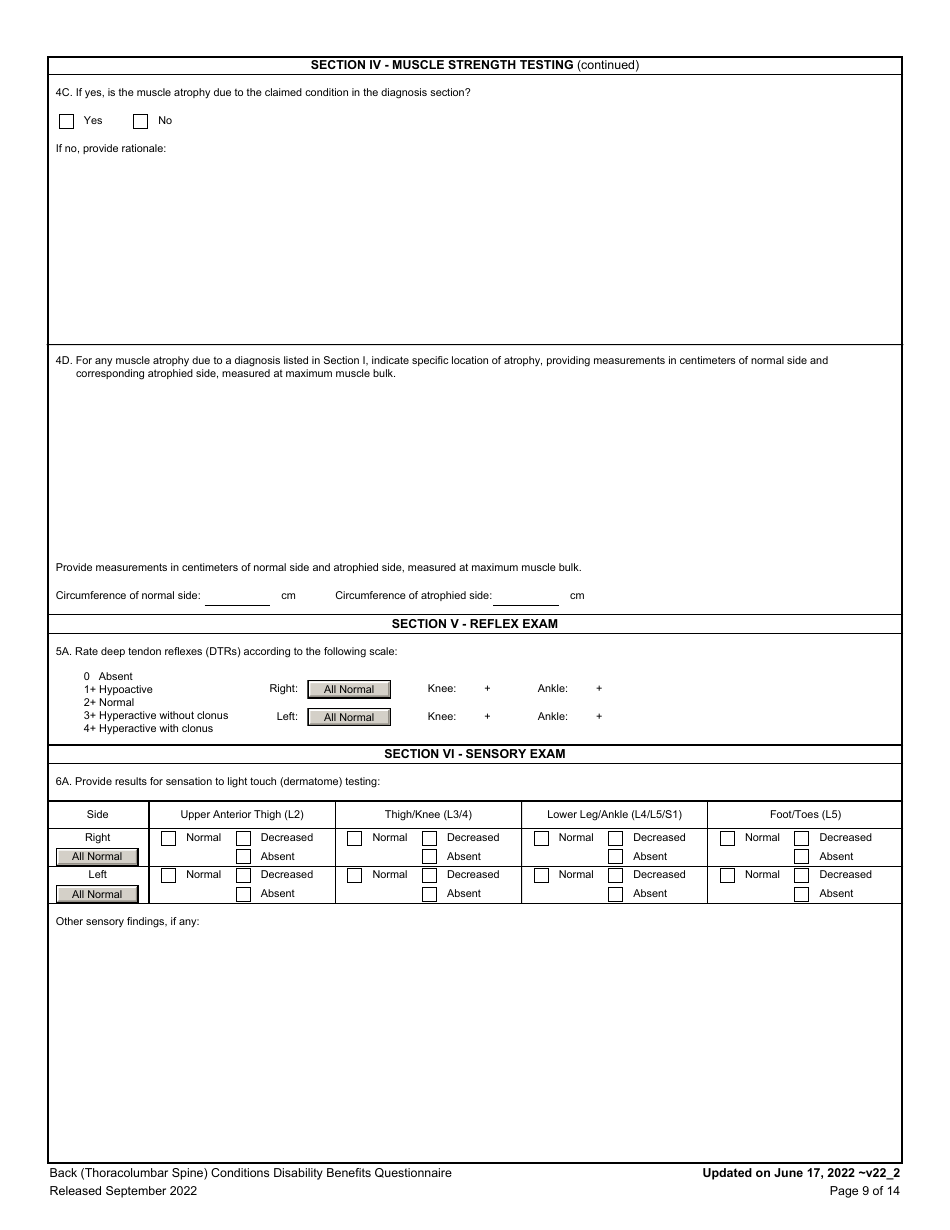 Back (Thoracolumbar Spine) Conditions Disability Benefits Questionnaire, Page 9