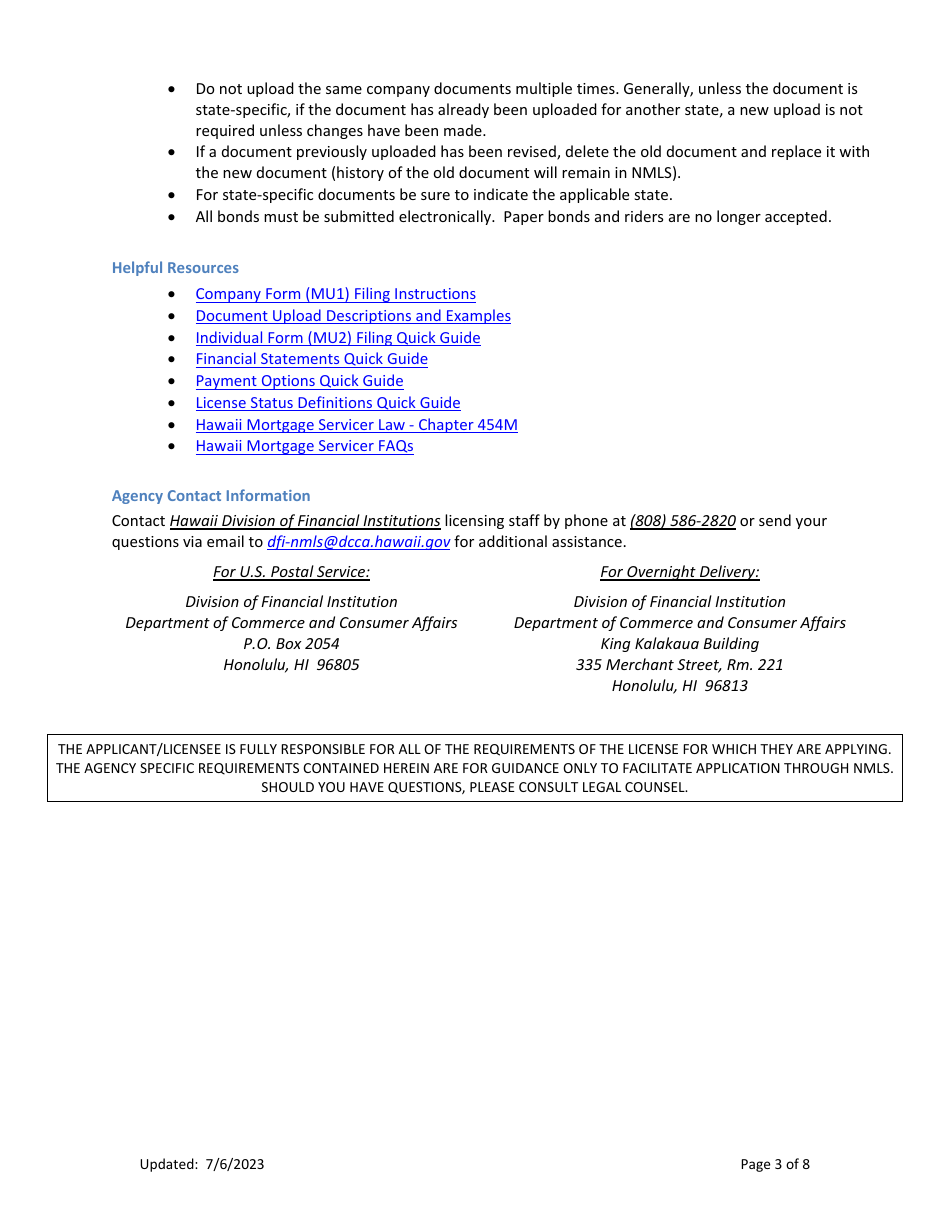 Hi Mortgage Servicer License New Application Checklist (Company) - Hawaii, Page 3