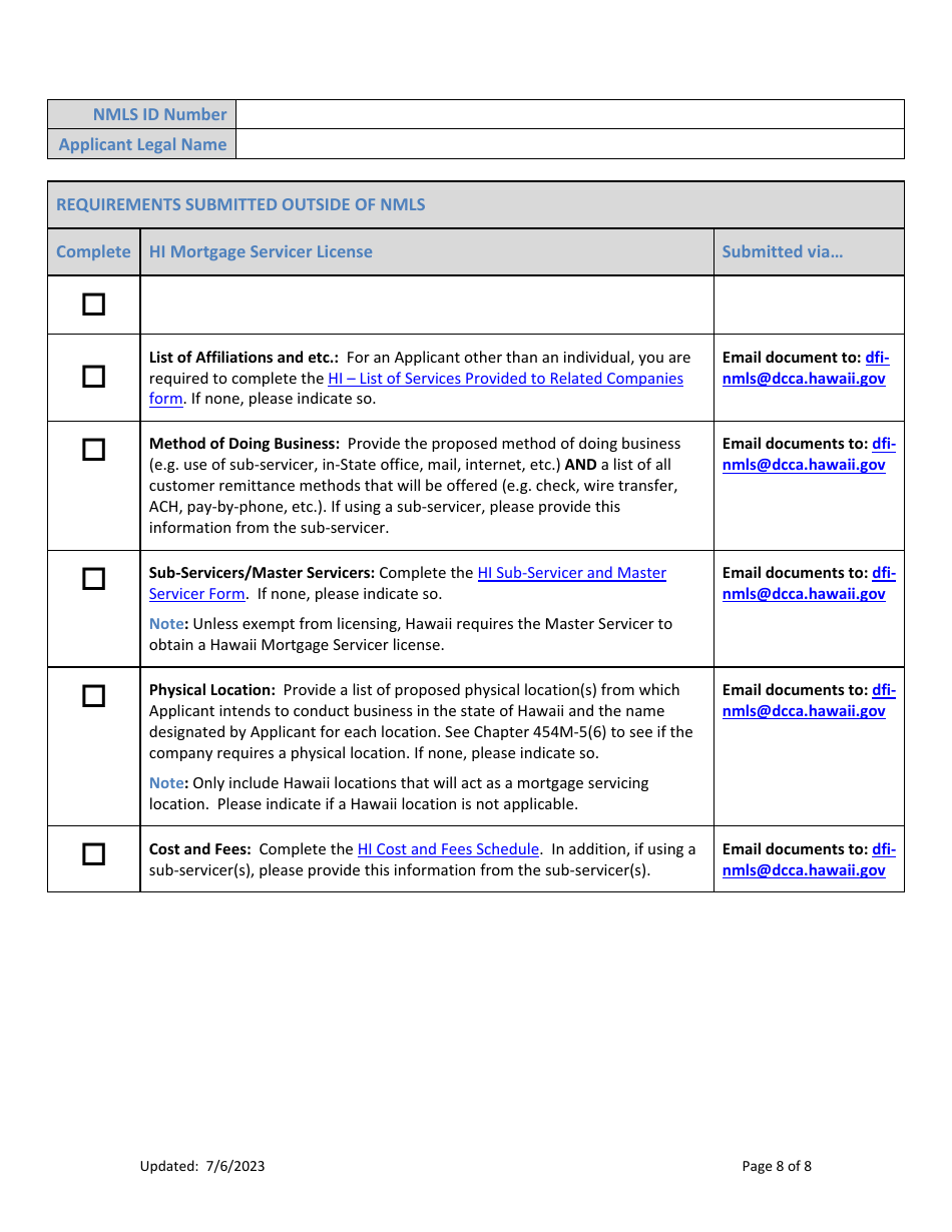 Hi Mortgage Servicer License New Application Checklist (Company) - Hawaii, Page 8