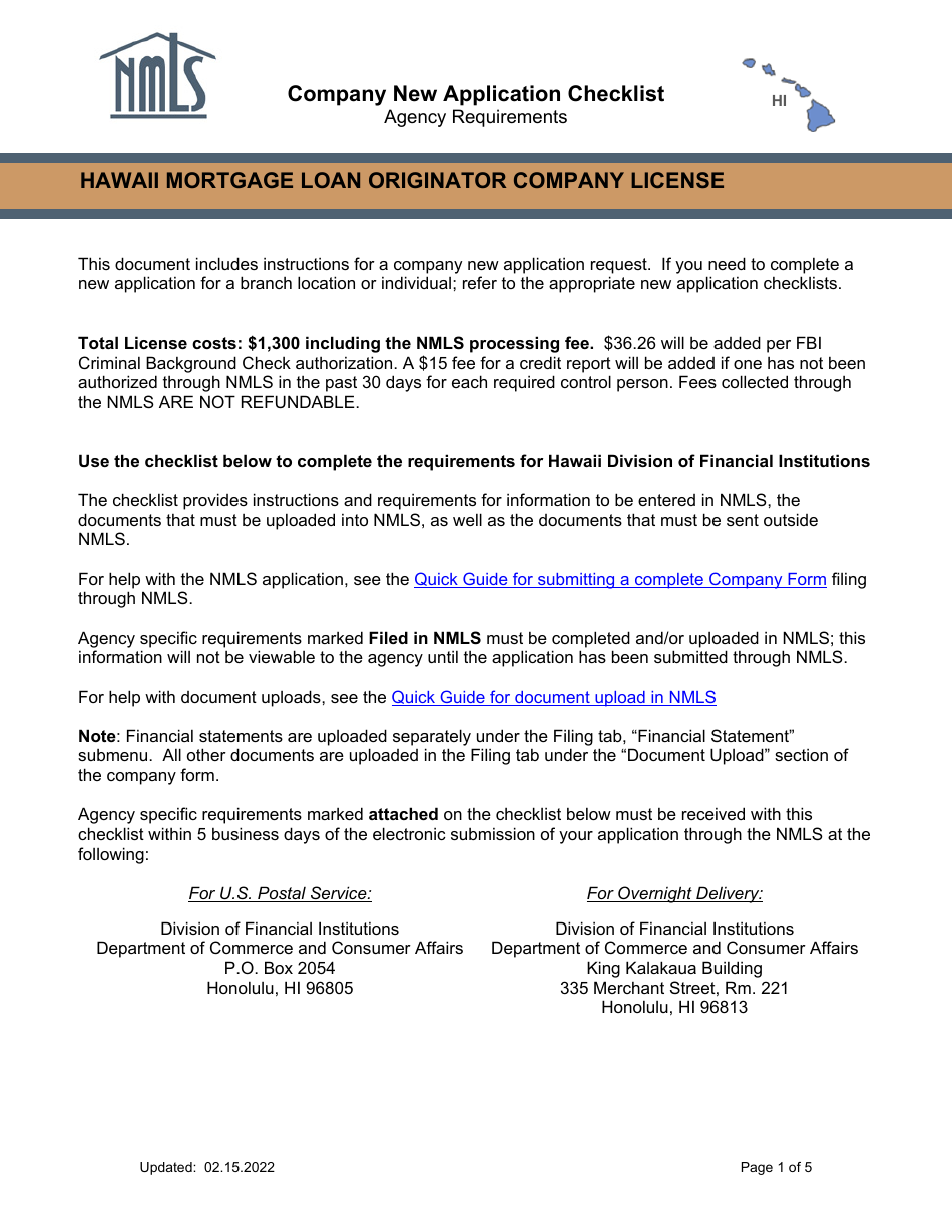 Hawaii Hawaii Mortgage Loan Originator Company License Company New