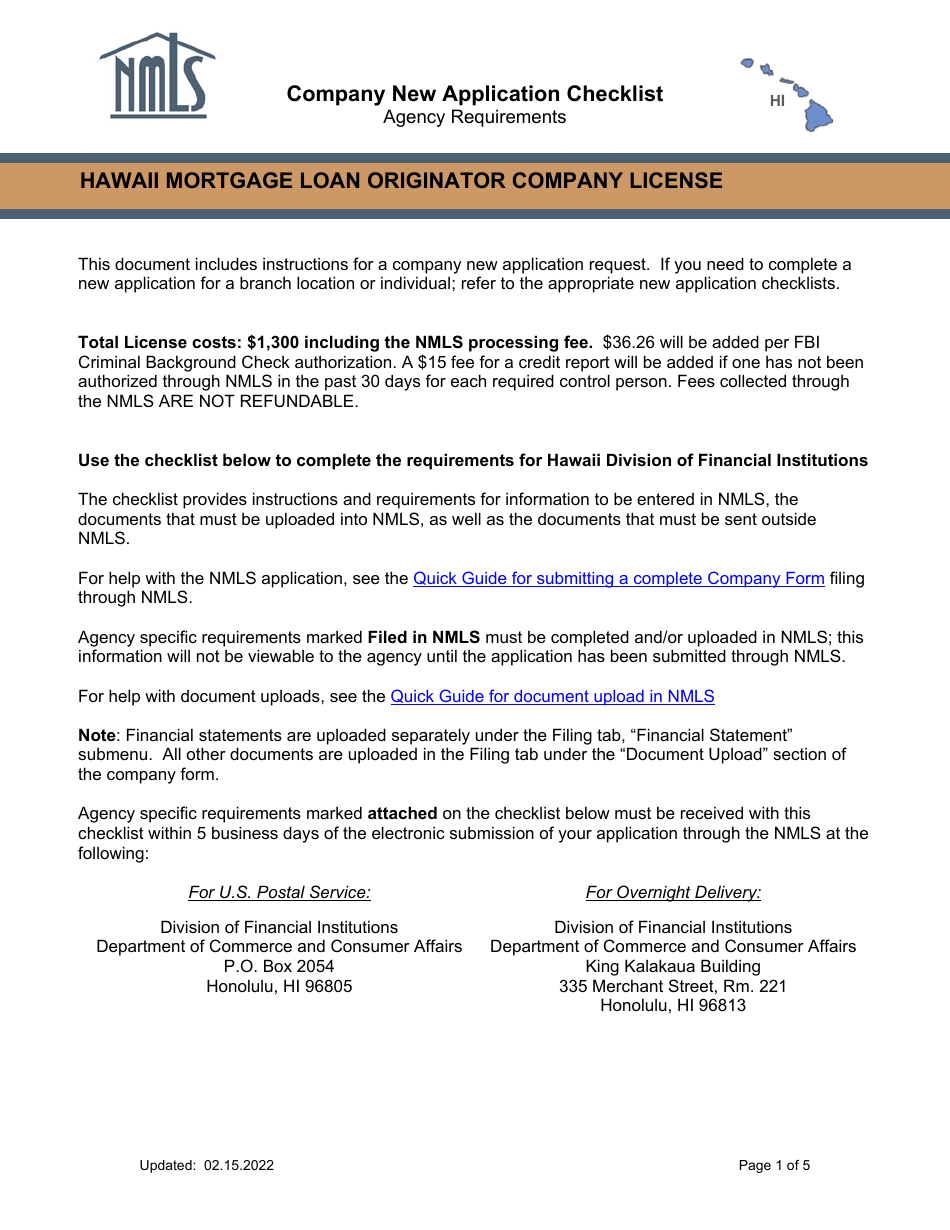 Hawaii Mortgage Loan Originator Company License Company New Application Checklist - Hawaii, Page 1