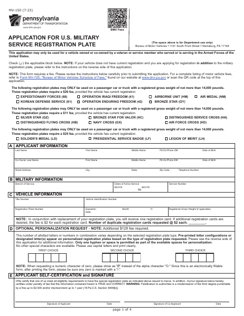 Form MV-150 Application for U.S. Military Service Registration Plate - Pennsylvania