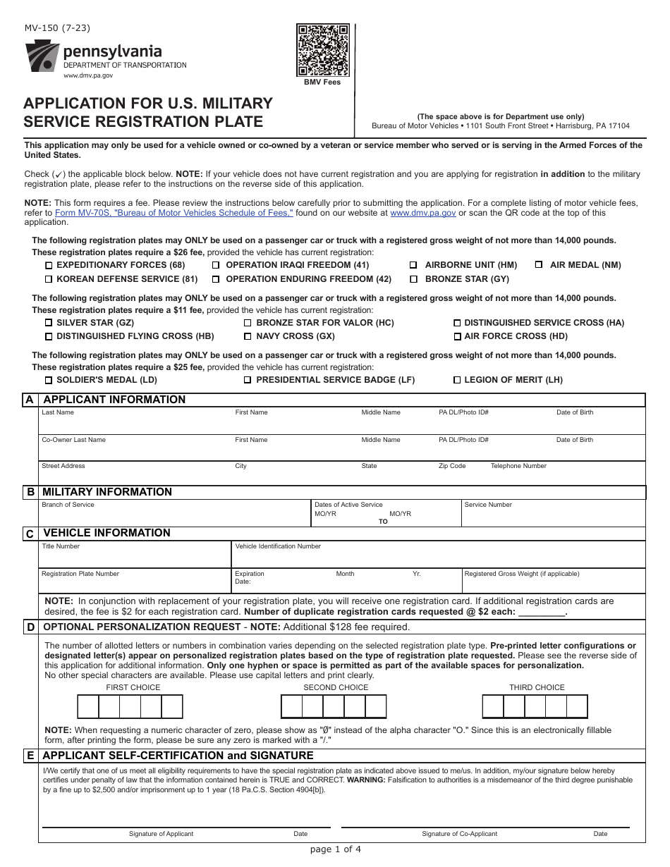 Form MV-150 Application for U.S. Military Service Registration Plate - Pennsylvania, Page 1