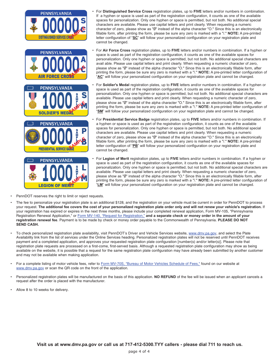 Form MV-150 Application for U.S. Military Service Registration Plate - Pennsylvania, Page 4
