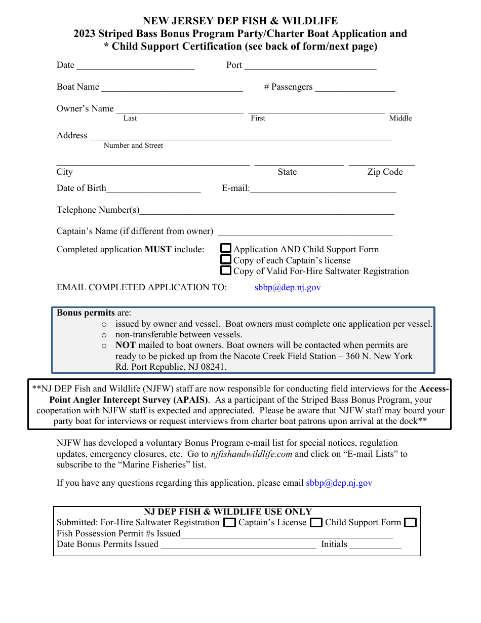 Striped Bass Bonus Program Party / Charter Boat Application and Child Support Certification - New Jersey, Page 1