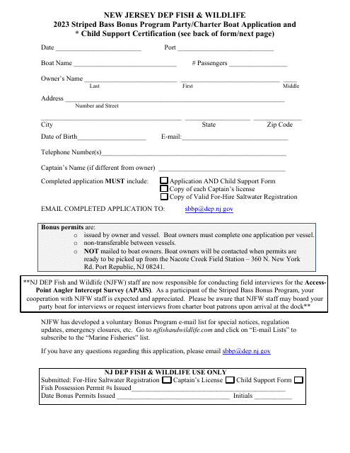Striped Bass Bonus Program Party / Charter Boat Application and Child Support Certification - New Jersey Download Pdf