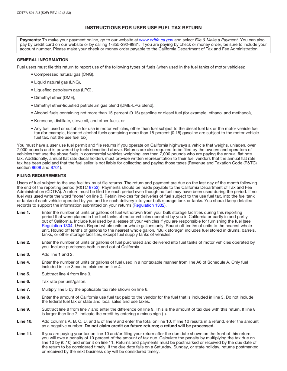 Form CDTFA-501-AU User Use Fuel Tax Return - California, Page 3