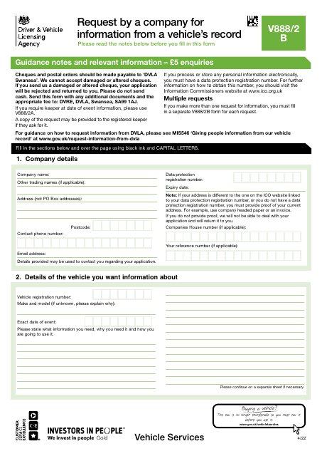 Form V888/2B Request by a Company for Information From a Vehicle's Record - United Kingdom
