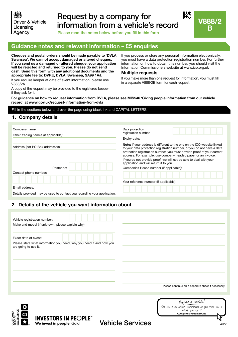 Form V888 / 2B Request by a Company for Information From a Vehicles Record - United Kingdom, Page 1