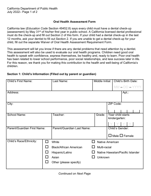 Oral Health Assessment Form - California
