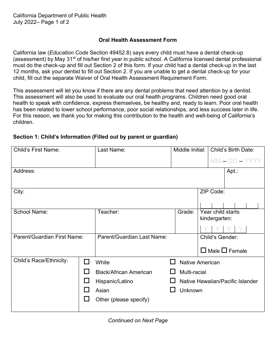 Oral Health Assessment Form - California, Page 1