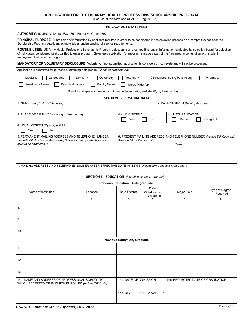 USAREC Form 601-37.22 Application for the US Army Health Professions Scholarship Program, Page 1