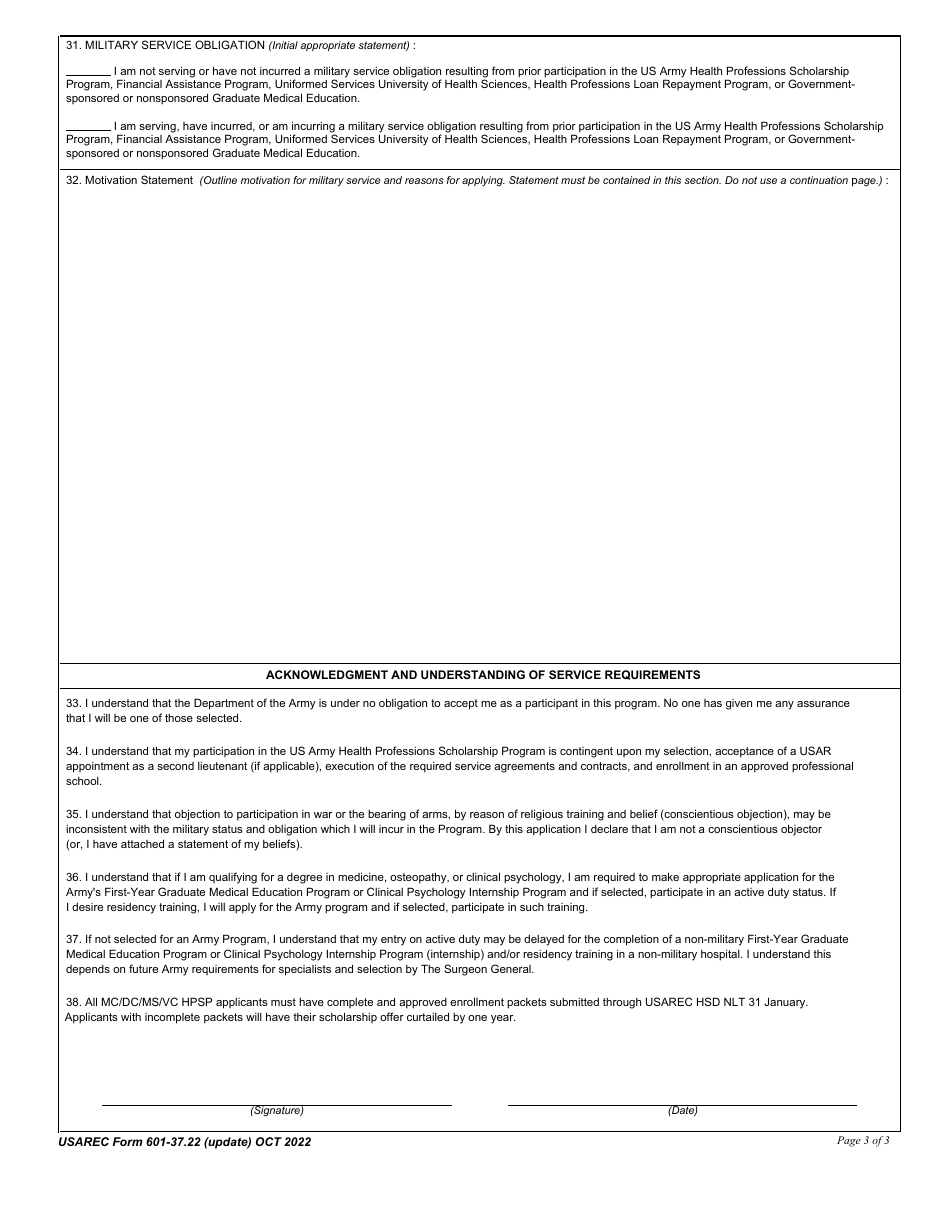 USAREC Form 601-37.22 Application for the US Army Health Professions Scholarship Program, Page 3