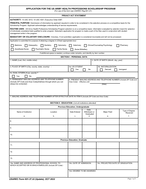 USAREC Form 601-37.22  Printable Pdf
