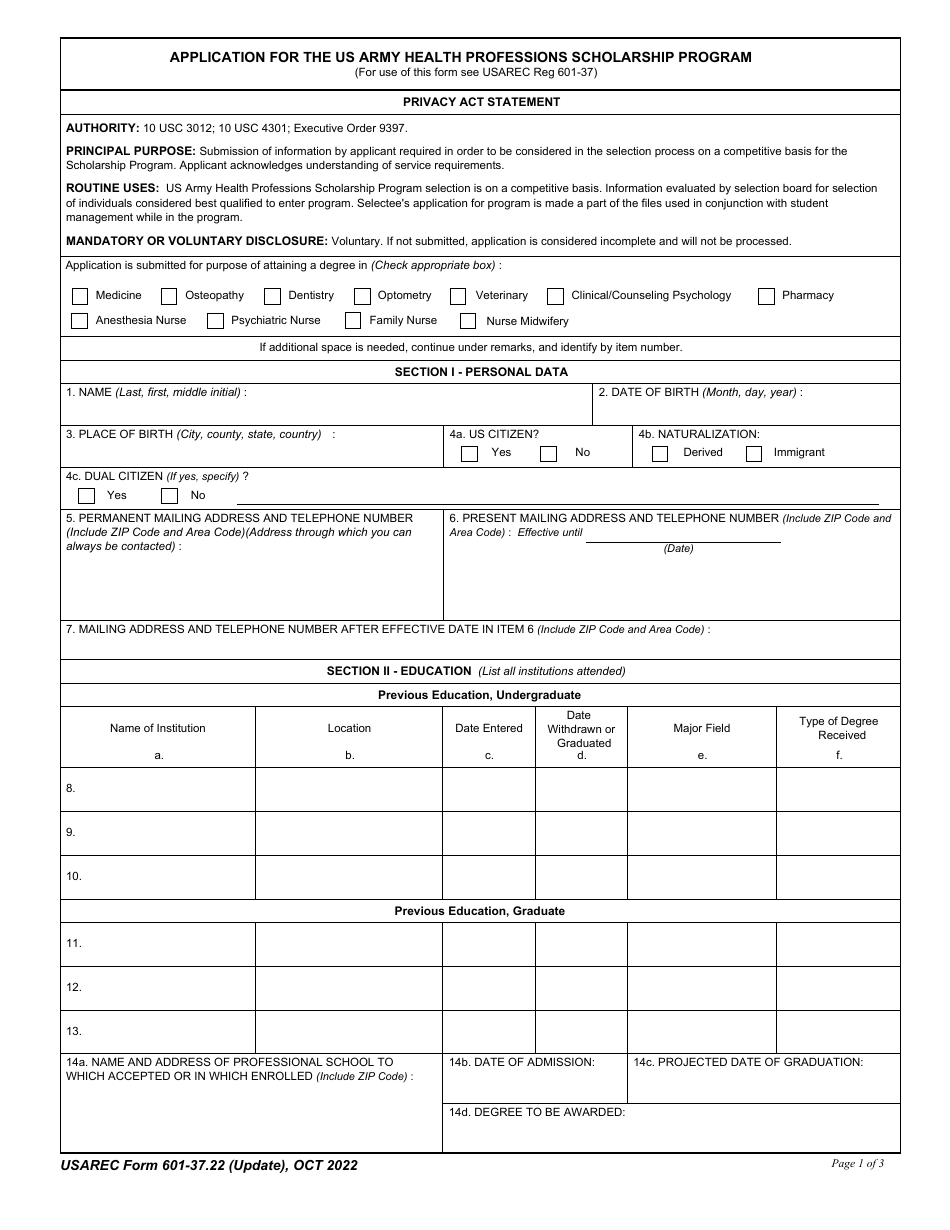 USAREC Form 601-37.22 Download Fillable PDF or Fill Online Application ...