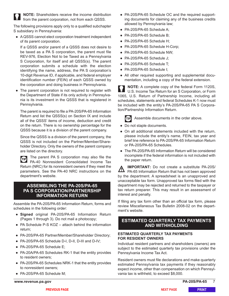 Form PA-20S (PA-65) Pa S Corporation / Partnership Information Return - Pennsylvania, Page 11