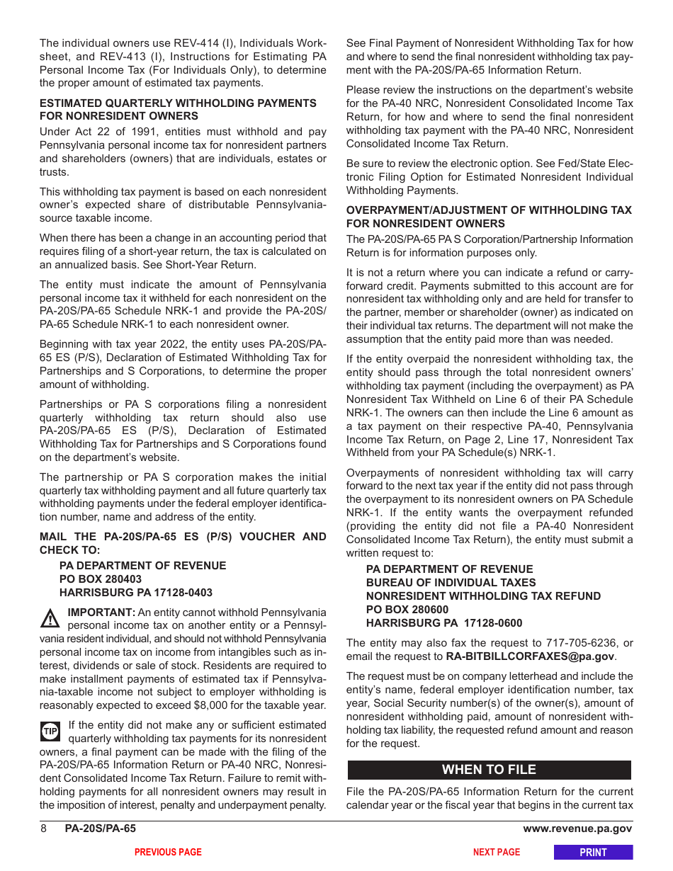Form PA-20S (PA-65) Pa S Corporation / Partnership Information Return - Pennsylvania, Page 12