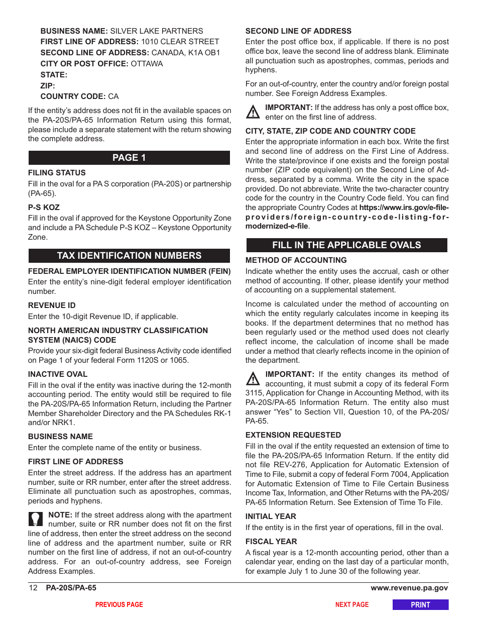 Form PA-20S (PA-65) Pa S Corporation / Partnership Information Return - Pennsylvania, Page 16