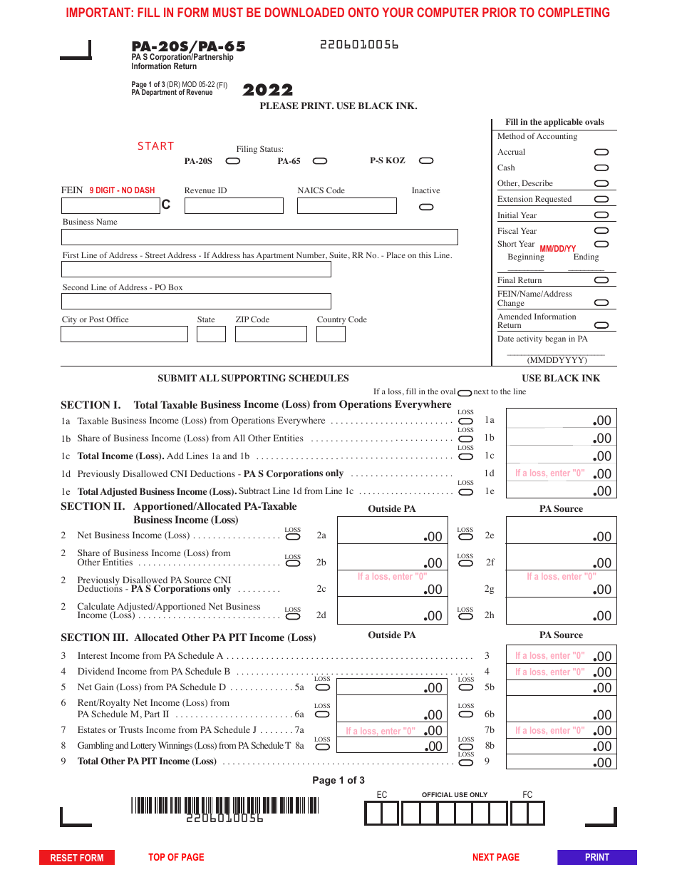 Form PA-20S (PA-65) Pa S Corporation / Partnership Information Return - Pennsylvania, Page 1